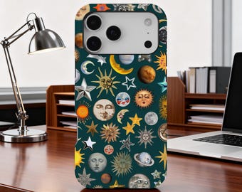 Retro Celestial Sun & Moon Phone Case, Trendy Cosmic Retro 80s Phone Cover for iPhone 17 16 15 14 13 12 11 Pro Max, Samsung S25 S24 Ultra