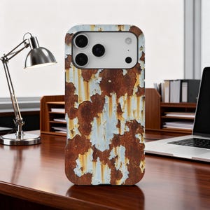May include: A smartphone case featuring a weathered, rusty metal design. The case has a distressed appearance with peeling paint in shades of brown, white, and blue. The case has multiple camera lenses and a flash.