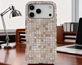 Tiles Phone Case Mosaic Artisan, Retro Y2K Minimal Collage Cover, Soft Beige Checker Art Case, iPhone 17 16 15 14 13 12 11, Samsung S25 S24