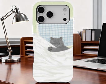 Cute Cat Sleeping Phone Case, Kawaii Cozy Kitten Illustration Cover for iPhone 18 17 16 15 14 13 12 11 Pro Max, Samsung Galaxy S25 S24 Ultra