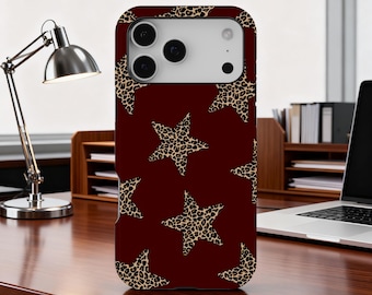 Custodia per telefono con stella leopardata bordeaux scuro, custodia per telefono con stelle ghepardi selvatiche Y2K, motivo rosso chic, iPhone 17 16 15 14 13 12 Pro Max, Samsung S25