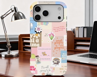 Custodia per telefono con citazione positiva, collage pastello carino, motivazionale, estetica, per iPhone 17, 16, 15, 14, 13, 12, 11Pro Max, Samsung Galaxy S25, S24