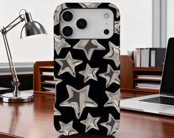 Silver Star Case, Y2K Aesthetic, Black Star Pattern Protective Phone Case Cover for iPhone 17 16 15 14 13 12 Pro Max, Samsung Galaxy S25 S24