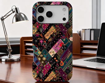Funda de teléfono con diseño bohemio de patchwork, con estampado floral folclórico, estética textil vintage, para iPhone 17, 16, 15, 14, 13, 12 y 11 Pro Max, Samsung S25