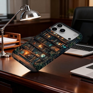 May include: A phone case featuring a detailed illustration of a bookshelf filled with books, candles, and decorative items. The case has a dark, vintage aesthetic with warm lighting and a touch of fantasy. The case is shown on a wooden desk.