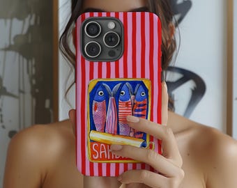 Custodia per telefono retrò a forma di scatola di sardine, custodia a righe estive italiane, custodia a righe colorate con motivo costiero, iPhone 17 16 15 14 13 12 11, Samsung S25