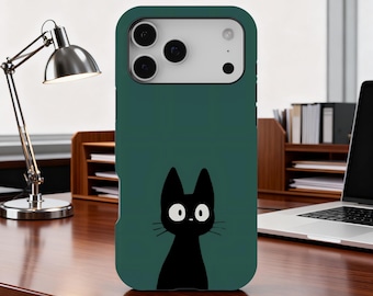 Black Cat Phone Case, Simple Green Background Design, Whimsical Cartoon Animal Case, iPhone 17 16 15 14 13 12 11 Pro Max, Samsung S25 S24