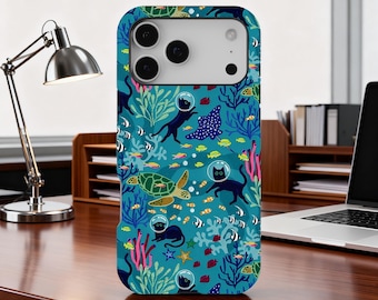 Diving Cat Ocean Phone Case, Underwater Animal Cover, Whimsical Sea Adventure Case, iPhone 17 16 15 14 13 12 11 Pro Max, Samsung S25 S24