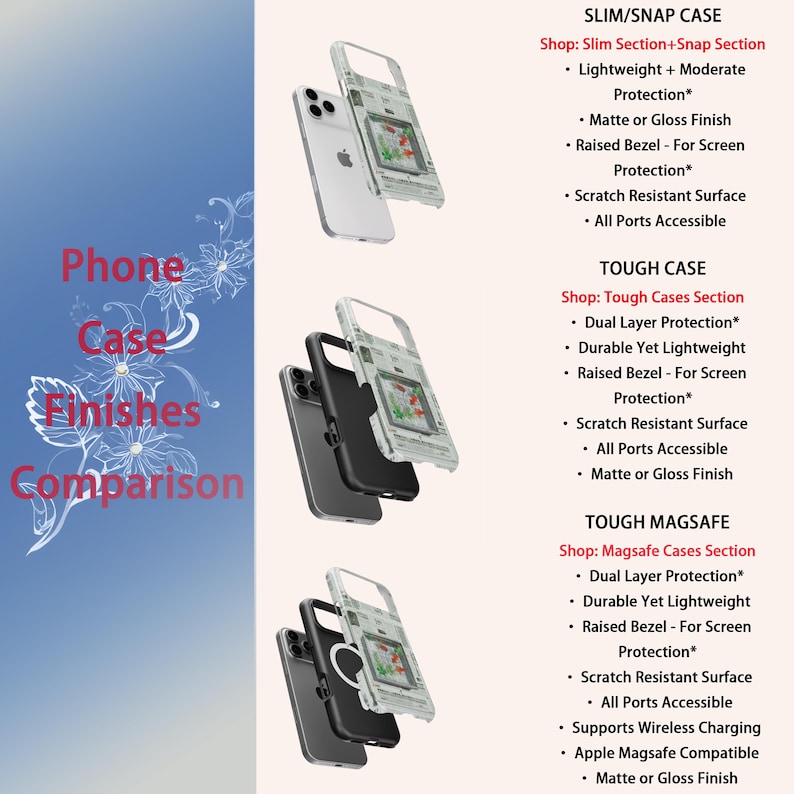 May include: A comparison of phone case finishes, including Slim/Snap, Tough, and Tough Magsafe cases. The image shows various phone cases with different features, such as scratch resistance and raised bezels for screen protection.