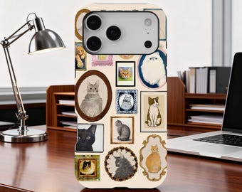 Funda para teléfono con collage de gatos vintage, diseño retro y caprichoso para amantes de las mascotas, compatible con iPhone 17, 16, 15, 14, 13, 12, 11 Pro Max y Samsung Galaxy S25/S24 Ultra.