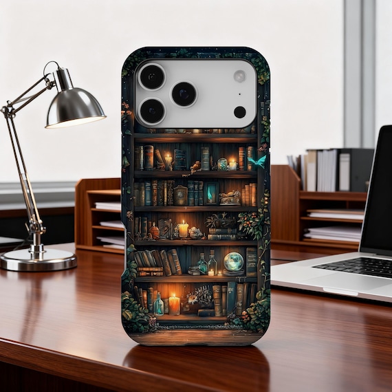 Bookshelf Phone Case MagSafe | Book Lover Cover | iPhone 17 16 15 14 13 12 Pro Max, Samsung S25 S24 S23 S22 | Witchy Dark Academia Aesthetic