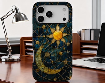 Funda para teléfono con diseño de luna y estrellas celestiales, con efecto vitral y cielo estrellado, para iPhone 17, 16, 15, 14, 13 y 12 Pro Max, Samsung S25 y S24