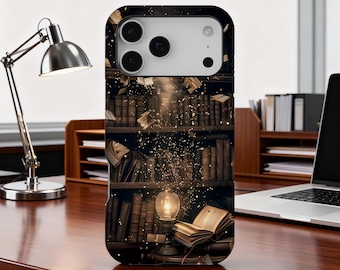 Funda para teléfono con estantería gótica, diseño literario de Dark Academia con luna llena y velas doradas, accesorio para iPhone 17, 16, 15 y 14, Samsung