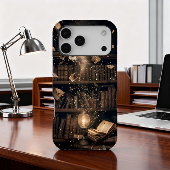 Gothic Bookshelf Phone Case, Dark Academia Literary Phone with Full Moon & Candles Gold Accent Reader Accessory, iPhone 17 16 15 14, Samsung