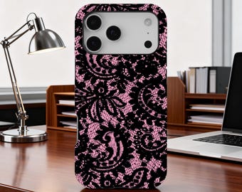 Pink Lace Pattern Phone Case, Elegant Floral Lace Cover, Gothic Coquette Style Case, iPhone 17 16 15 14 13 12 11 Pro Max, Samsung S25 S24