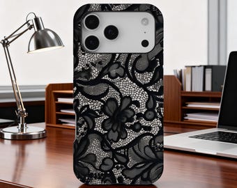 Funda para teléfono con encaje vintage, elegante diseño floral negro, funda gótica floral de encaje negro, compatible con iPhone 17, 16, 15, 14, 13, 12, 11 Pro Max y Samsung S25.