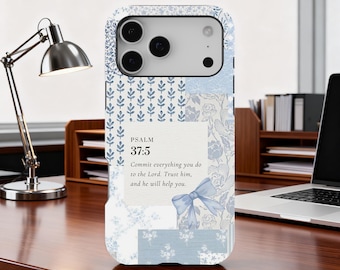 Christian Coquette Phone Case, Blue Quilt Patchwork Cute Jesus God Bible Verse Cover, iPhone 17 16 15 14 13 12 11 Pro Max, Samsung S25 S24