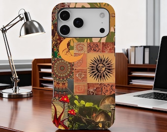 Boho Sun Moon Collage Phone Case, Celestial Mushroom Art Cover, Mystic Vintage Aesthetic Case, iPhone 17 16 15 14 13 12 11, Samsung S25 S24
