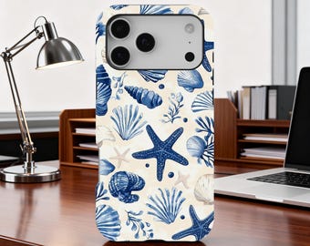 Watercolor Blue Nautical Coastal Beach Starfish and Seashells Phone Case, iPhone 17 16 15 14 13 12 11 Pro Max, Samsung Galaxy S25 S24 Ultra