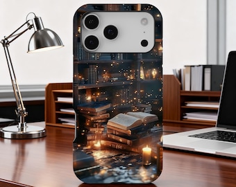 Gothic Bookshelf Phone Case, Magic Spellbook Dark Academia Cover, Literary Fantasy Design for iPhone 17 16 15 14 13 12 Pro Max, Samsung S25