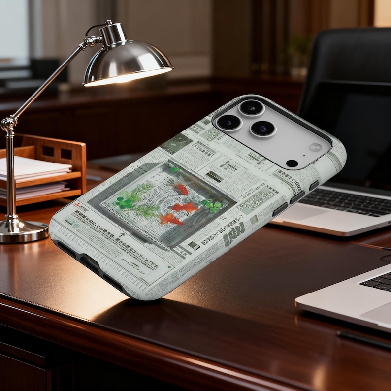 May include: A smartphone case featuring a unique design with a fish tank motif. The case has a newspaper print background and a rectangular window displaying orange fish and green plants. The case is on a dark wooden desk.