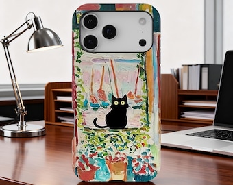 Black Cat Phone Case, Garden Window Painting Art Aesthetic, Cottagecore Cute Cat Phone Cover, iPhone 17 16 15 14 13 12 11, Samsung S25 S24