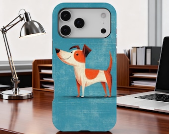 Puede incluir: Funda de teléfono de color turquesa con una ilustración de dibujos animados de un perro. El perro es blanco con manchas naranjas y una oreja marrón. La funda tiene un fondo texturizado y un recorte para la cámara.