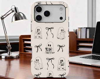 Coquette Ghost Reading Phone Case, Halloween Book Lover Phone Cover for iPhone 17 16 15 14 13 12 11 Pro Max, Samsung S25 S24 S23 S22 Ultra
