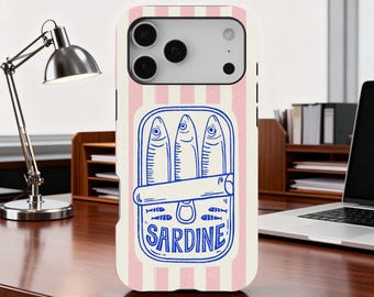 Sardine Can Phone Case, French Vintage Food Illustration, Pink Stripe Retro Aesthetic Cover, iPhone 17 16 15 14 13 12 11, Samsung S25 S24