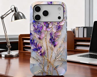 Lavender Pearl Stained  Phone Case, Purple Floral Phone Cases, iPhone 17 16 15 14 13 12 11Mini Pro Max Plus Samsung Galaxy S25 S24 S23 S22