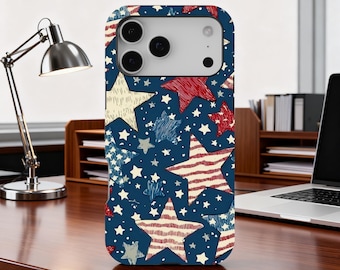 Retro Star Phone Case, Navy Red White Vintage Starry Night Case, Y2K Collage Cover for iPhone 17 16 15 14 13 12 11 Pro Max, Samsung S25 S24