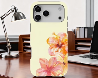 Tropical Hibiscus Flower Phone Case, Watercolor Floral Aesthetic Cover for iPhone 17 16 15 14 13 12 11 Pro Max, Samsung S25 S24 Ultra