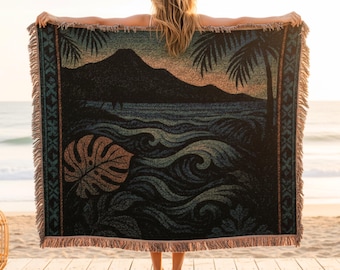 Tropical Beach Woven Blanket – 100% Cotton Coastal Throw With Palm