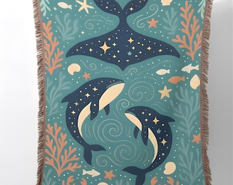 Ocean Star Whale Blanket: Coastal Woven Cotton Throw