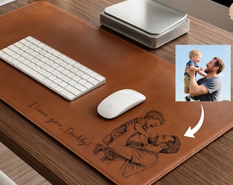 Tapis de bureau en cuir personnalisé avec photo, tapis de souris dessin au trait personnalisé pour papa, cadeau premier papa, sous-vêtement/tapis de souris pour papa, cadeau nouveau papa
