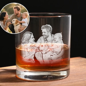Könnte beinhalten: Ein klarer Trinkbecher mit einer lasergravierten Abbildung einer Familie, bestehend aus einer Frau, einem Mann, einem kleinen Kind und einem Hund. Das Glas ist mit einer bernsteinfarbenen Flüssigkeit gefüllt und zeigt ein Referenzfoto.