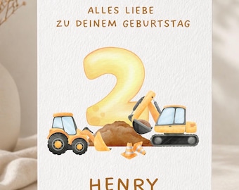 Personalisierte Geburtstagskarte Baustelle Geburtstag | Bagger & Baustellenmotiv | Hochwertiges Papier mit Struktur | Kraftpapier-Umschlag