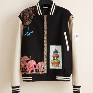 Handmade Wool Varsity Jacket | Hand-Painted Patchwork | Hand Pashmina & Stone Embroidery | One-of-a-Kind Unisex Luxury Statement Jacket
