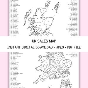 May include: A black and white UK sales map with city names and abbreviations. The map is labeled "UK SALES MAP" and includes the text "INSTANT DIGITAL DOWNLOAD - JPEG + PDF FILE".