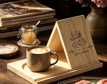 Personalized Wooden Book Stand,Reading Rest with Coffee Cup Holder, Custom Engraved Book Lover Gift, Reading Nook Decor