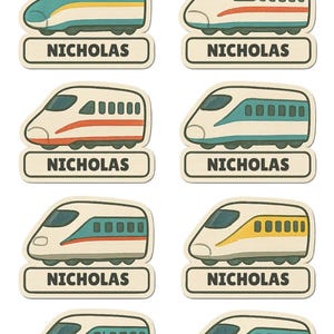 May include: Ten stickers with train illustrations in various colours, each with the name "NICHOLAS" printed below. The train designs include teal, orange, and yellow. The stickers are designed for children and are likely for personalising items.
