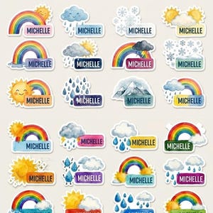 May include: A collection of twenty-four rectangular name stickers featuring watercolour weather illustrations including rainbows, suns, clouds, rain, and snow. Each sticker displays the name MICHELLE in black text. The top text reads Piggie & Hippo PERSONALIZED WATERCOLOUR NAME STICKERS.