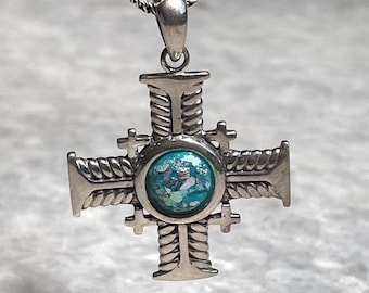 Cross Pendant with roman glass, 925 silver, christian gift, cross pendant, cross necklace, roman glass necklace, birthday unisex jewelry