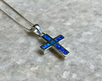Cross Necklace, 925 Silver, opal necklace, blue and white opal pendant, christian jewelry, opal jewelry, blue opal pendant, siver cross