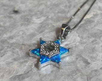 opal necklace, star of david necklace, 925 Silver, opal necklace, jewish jewelry, jewish star, bat mitzvah gift, silver necklace, blue opal