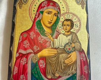Virgen María de la Pasión, icono hecho a mano, icono hecho a mano en madera natural, regalo de Navidad, regalo cristiano, iconos cristianos de madera, icono ortodoxo