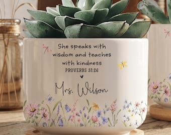 Christian Teacher Gift, She Speaks With Wisdom and Teaches Pot with Bamboo Tray, Faith Teacher Appreciation Gift, Religious Teacher Gift