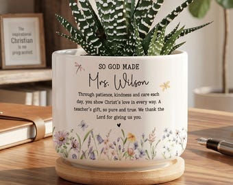 Custom Christian Teacher Gift, Floral So God Made Teacher Pot with Bamboo Tray, Faith Teacher Appreciation Gift, Religious Teacher Gift