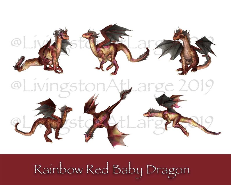6 Artisan Dragons-Rainbow Red Baby Dragon INSTANT Digital Download Scrapbook Printable-JPGPNG