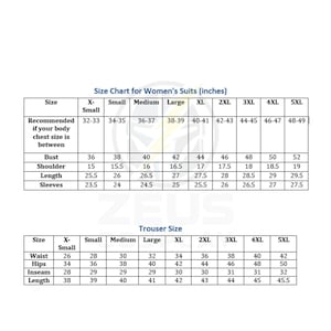 May include: A size chart for women's suits and trousers, displaying measurements in inches. The chart includes bust, shoulder, length, and sleeve measurements for suit sizes ranging from X-Small to 5XL. Trouser sizes include waist, hips, inseam, and length.